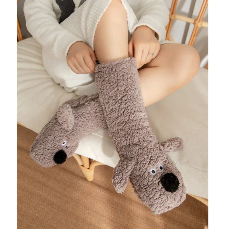 Adorable cartoon dog design plush socks for women, warm and non-slip, perfect for winter.