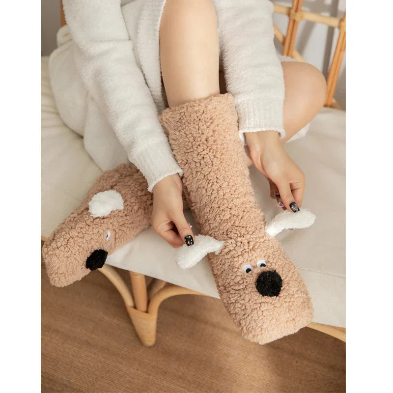 Adorable cartoon dog design plush socks for women, warm and non-slip, perfect for winter.