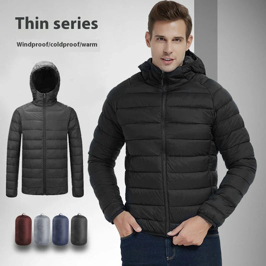 Lightweight, hooded zip-up jacket in navy blue, black, gray, and wine red colors