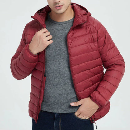 Lightweight, hooded zip-up jacket in navy blue, black, gray, and wine red colors