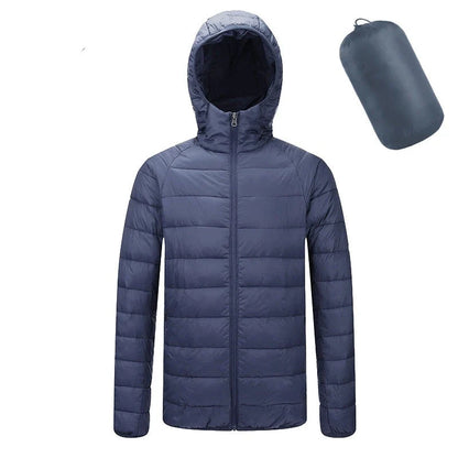 Lightweight, hooded zip-up jacket in navy blue, black, gray, and wine red colors