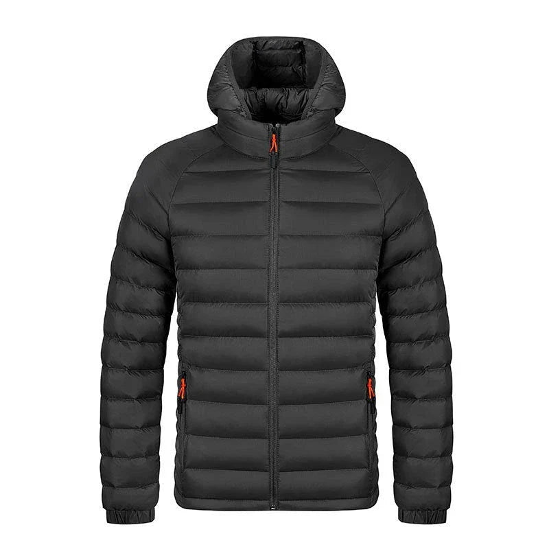 Versatile hooded jacket for men in various colors, featuring a lightweight and warm polyester design with a comfortable hood and convenient pockets.