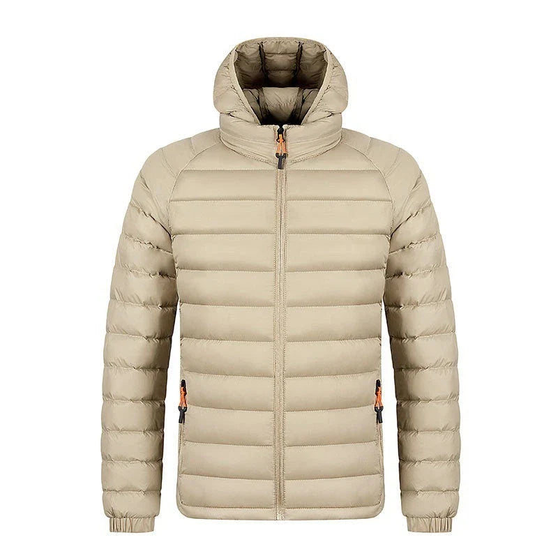 Versatile hooded jacket for men in various colors, featuring a lightweight and warm polyester design with a comfortable hood and convenient pockets.