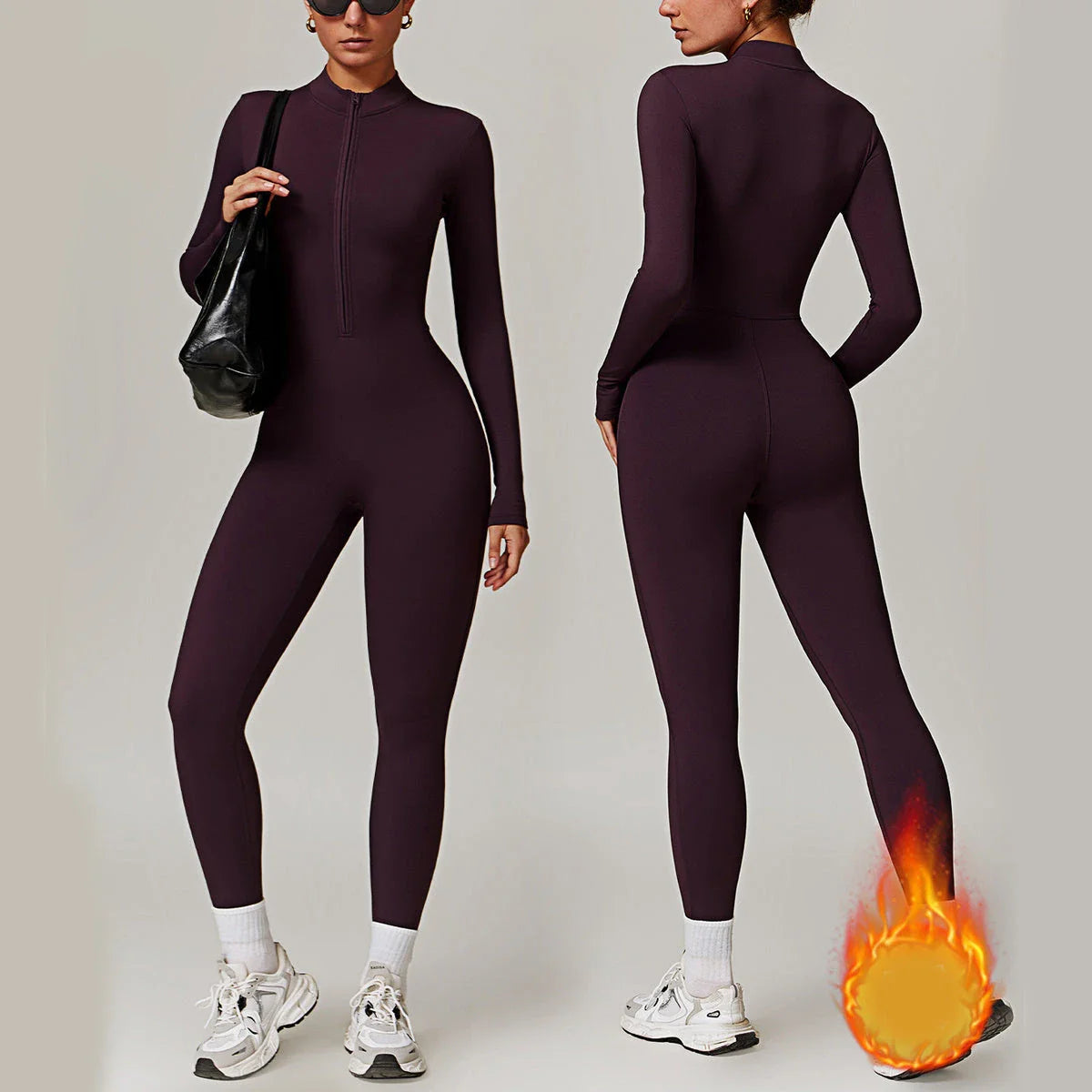 A versatile zippered athletic jumpsuit in various colors, ideal for yoga, fitness, and sports activities