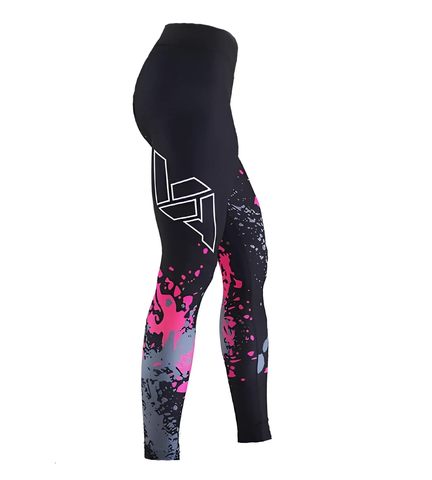 Women's breathable printed leggings in gray digital pattern, 88% polyester 12% elastane, size L with 70cm waist and 91cm length