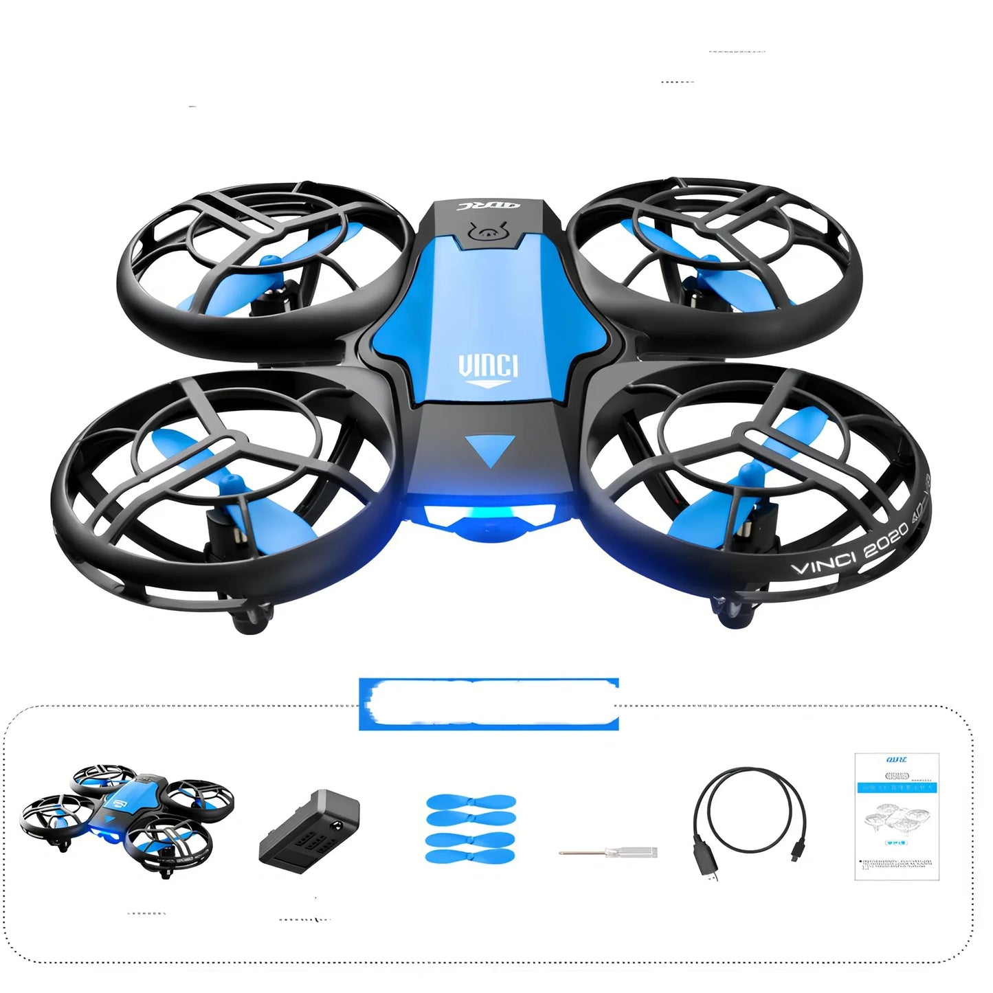 Blue V8 mini RC drone with gesture sensor, HD camera, altitude hold, size under 30cm, orange variant available