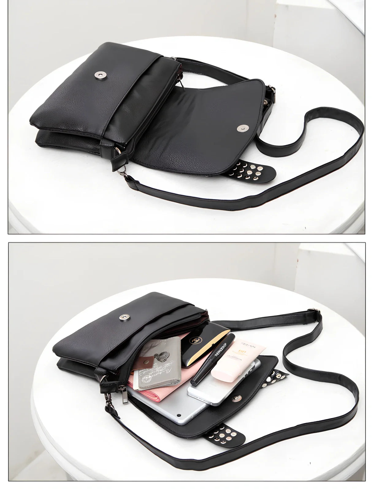 Black Shantou women's messenger bag with rivets, chain handle, and square shape for secure cross-body carry