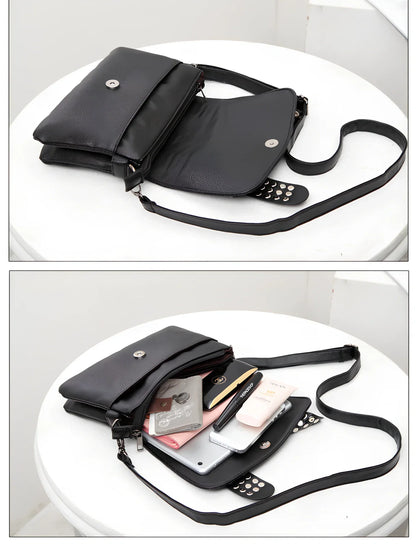 Black Shantou women's messenger bag with rivets, chain handle, and square shape for secure cross-body carry