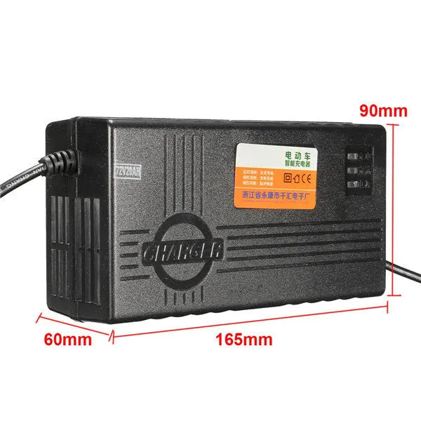 Black 72V20AH electric vehicle battery charger with choice of AU, EU, or US plug styles