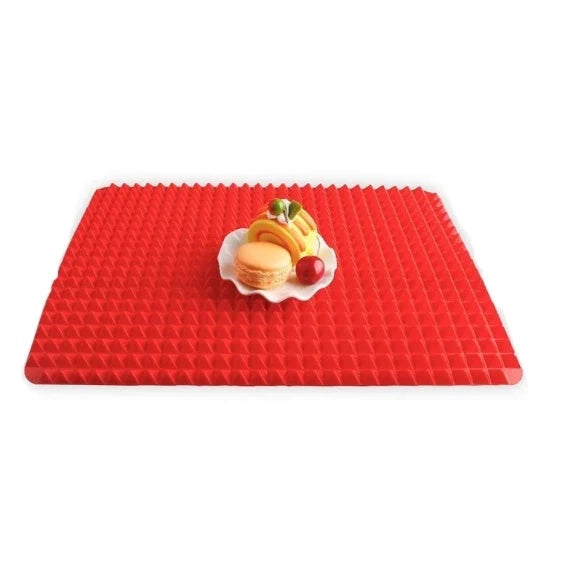 Red silicone pyramid cooking mat with grid for oven and BBQ, 39.5x27.5x1cm