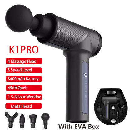 K1 Fascia Gun Massager with four interchangeable heads for deep muscle relief
