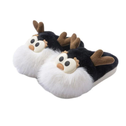 Cozy plush Christmas deer-themed slippers with soft material and durable sole for comfortable indoor wear