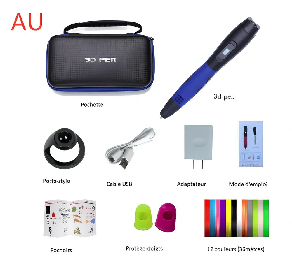 Blue six generations 3D printing pen with 12-colour PLA ABS consumables, base, and UK adapter for DIY graffiti