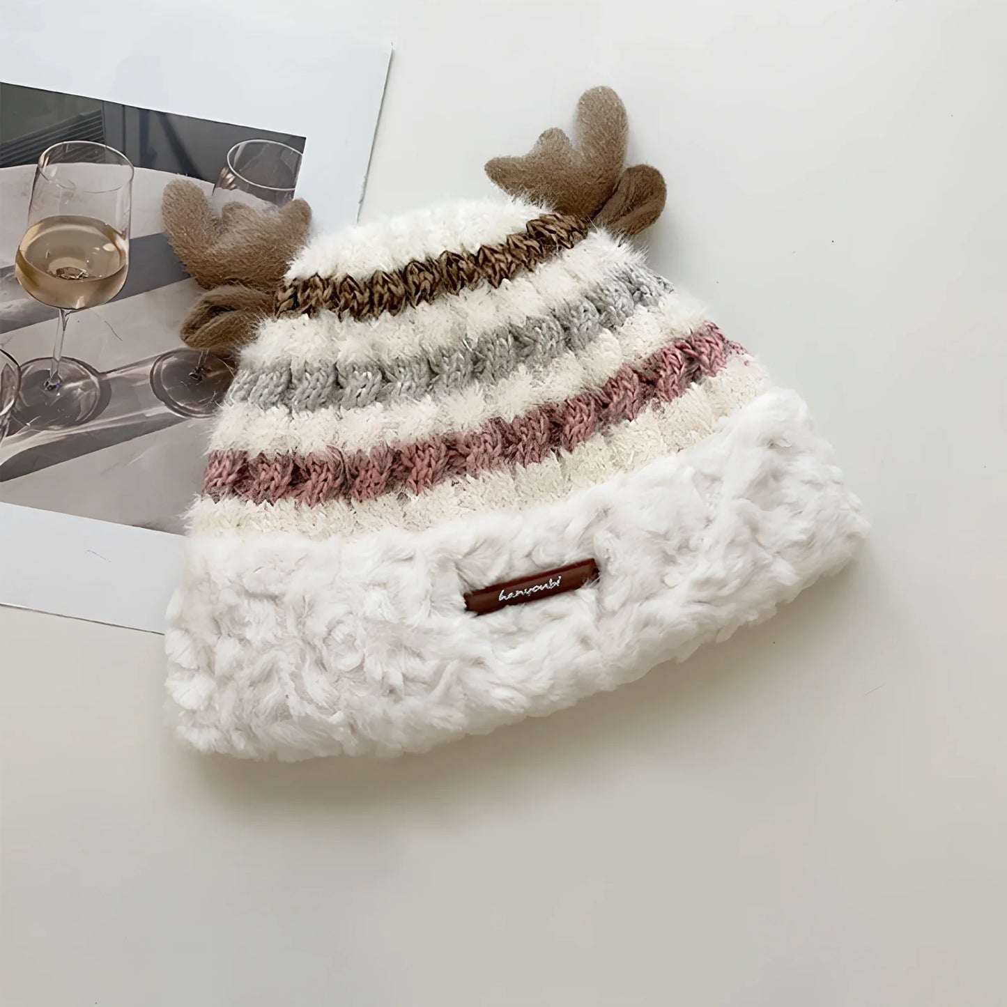 Christmas knitted beanie with deer antlers in multiple colours for winter warmth