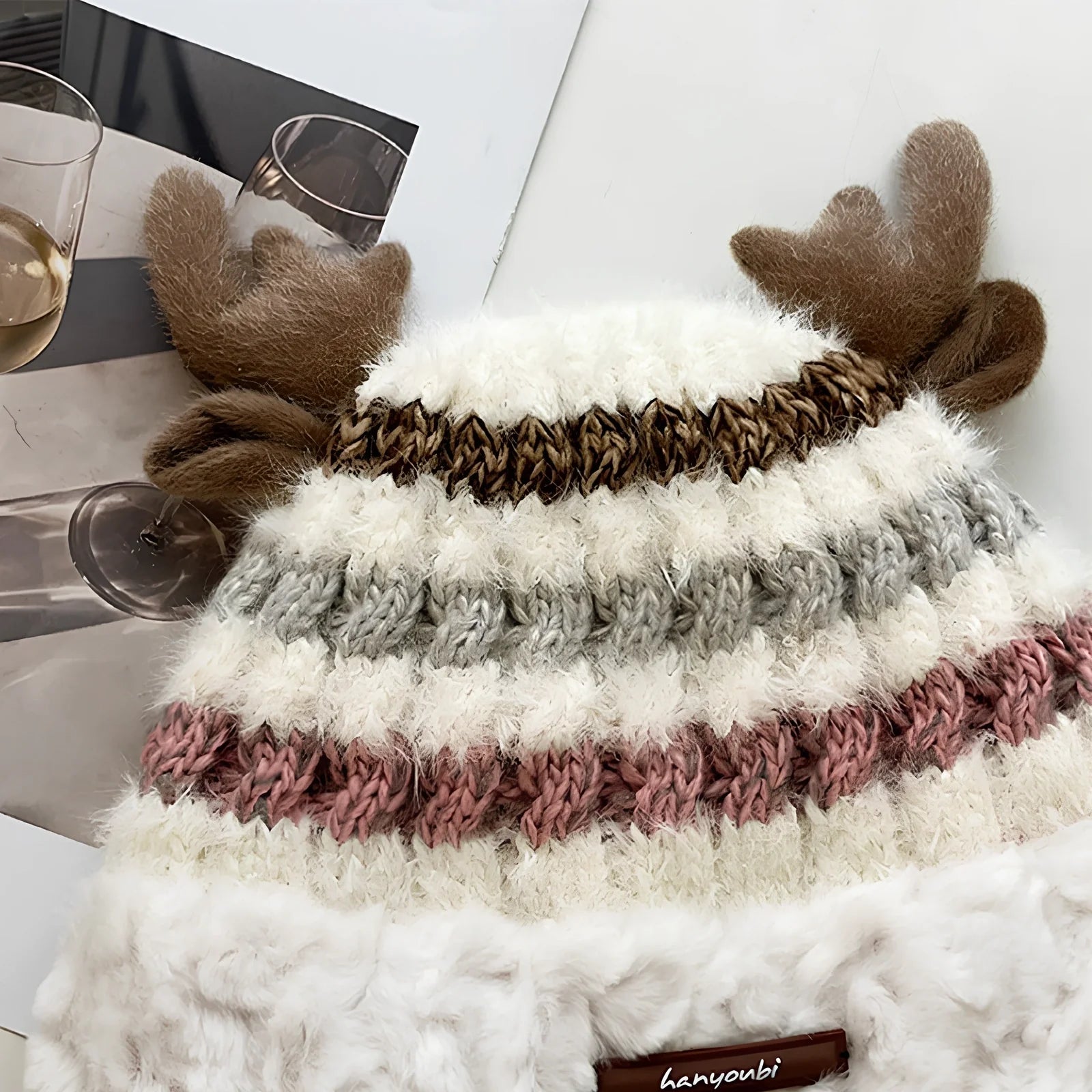 Christmas knitted beanie with deer antlers in multiple colours for winter warmth