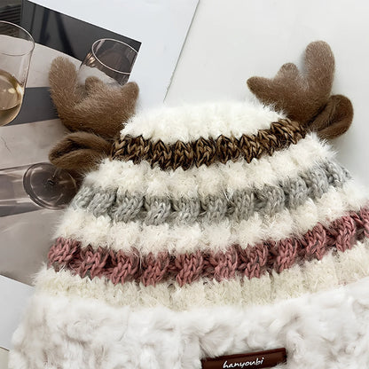 Christmas knitted beanie with deer antlers in multiple colours for winter warmth