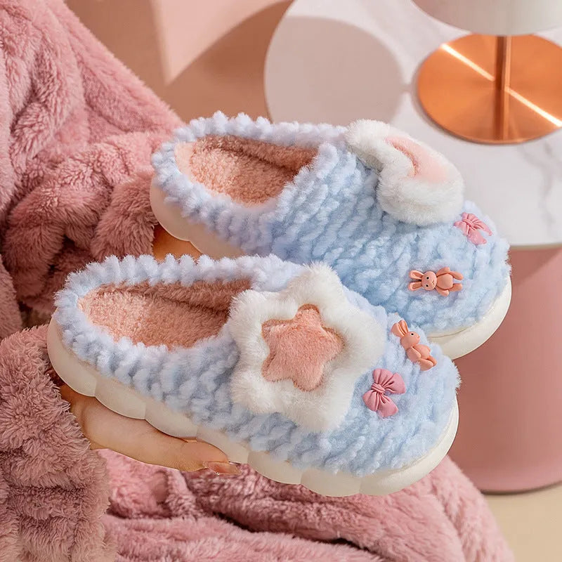 Women's light blue cartoon animal fleece-lined slippers with floral pattern and PVC sole