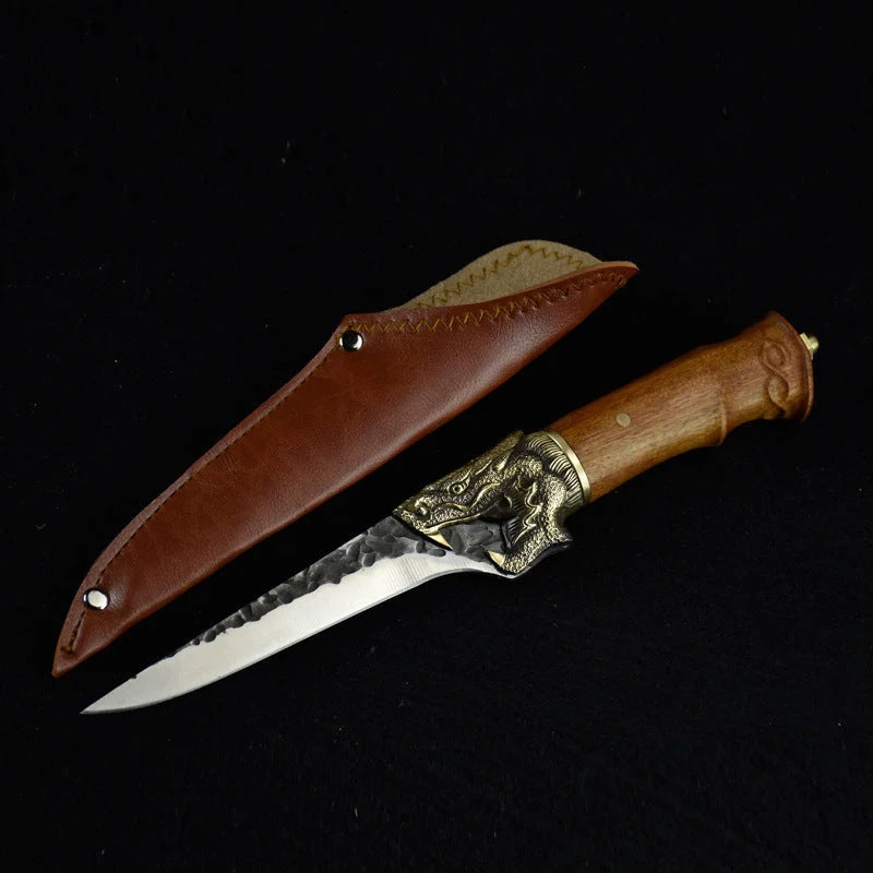 Hand-forged slicing knife with rosewood handle and leather case