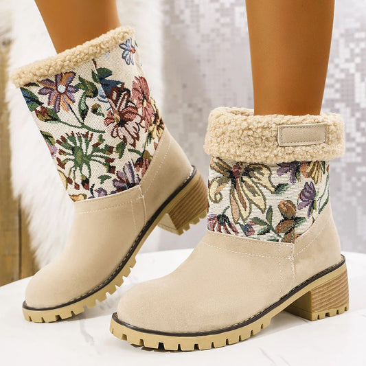 Stylish ethnic-inspired snow boots with floral embroidery, featuring a warm cotton interior and durable suede exterior in a variety of colors.