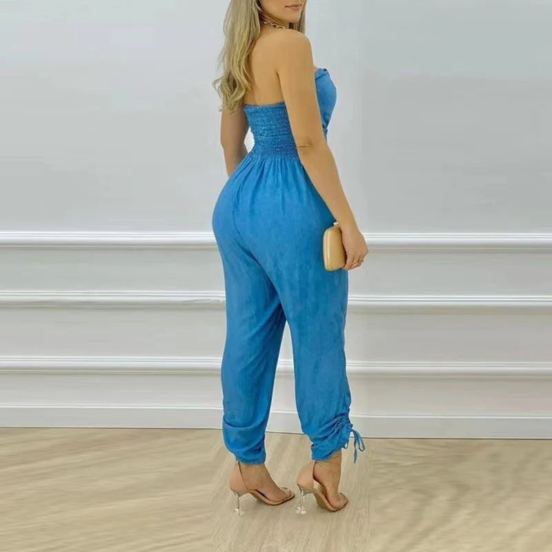 Women's blue denim jumpsuit with tube top and strapless design