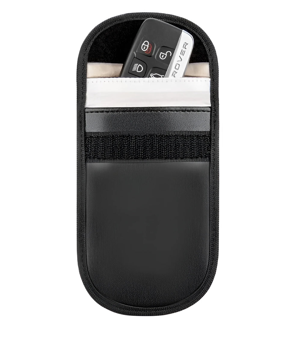 Black microfiber Faraday cage pouch for blocking car key fob and mobile phone signals.