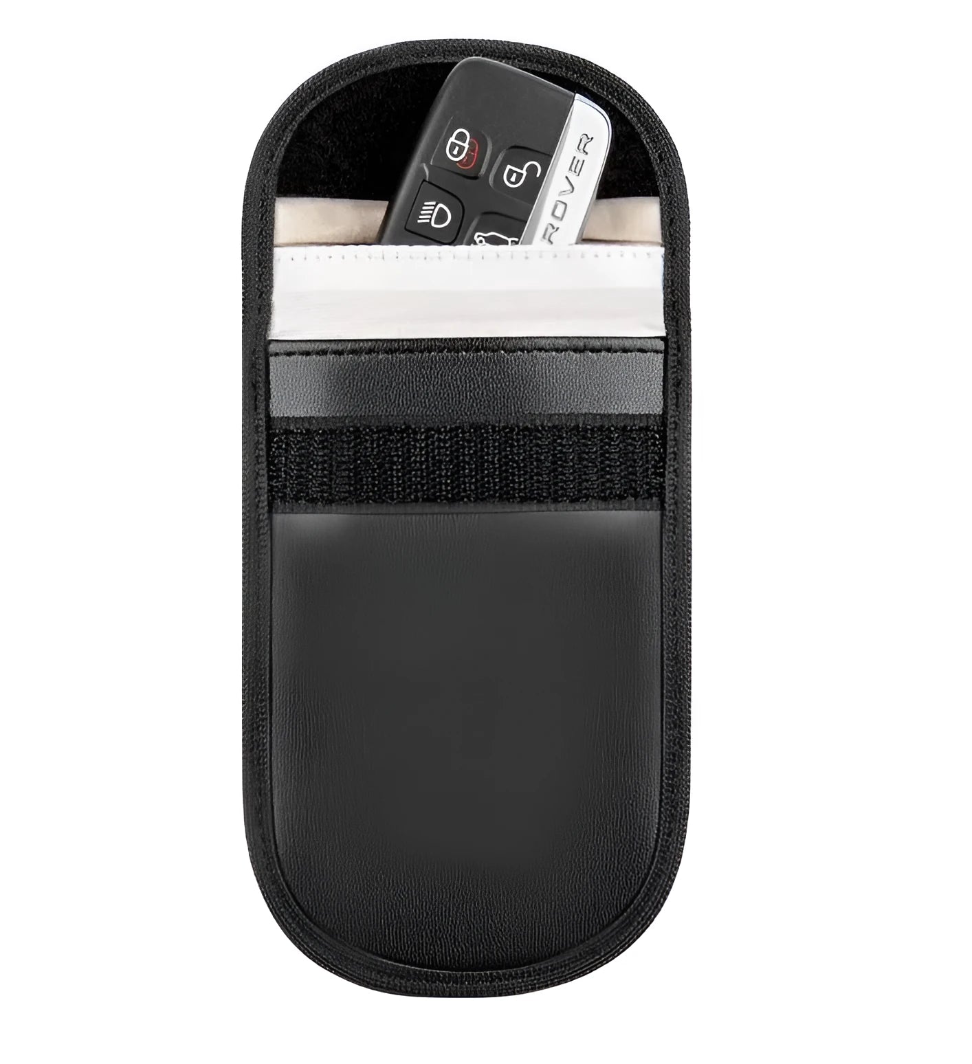 Black microfiber Faraday cage pouch for blocking car key fob and mobile phone signals.