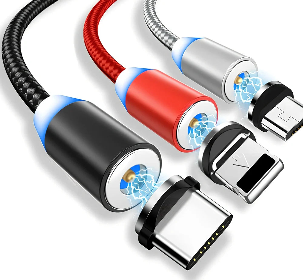 YBD 1m black magnetic LED charging cable with three-in-one plugs for iPhone and Android, showing N52 magnet connection