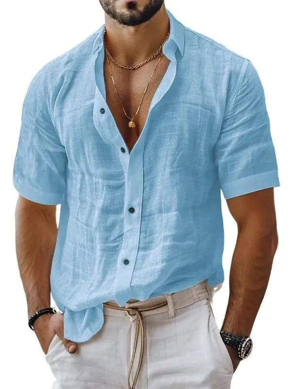 Men's solid colour short sleeve lapel shirt in a cotton linen blend fabric on a hanger.