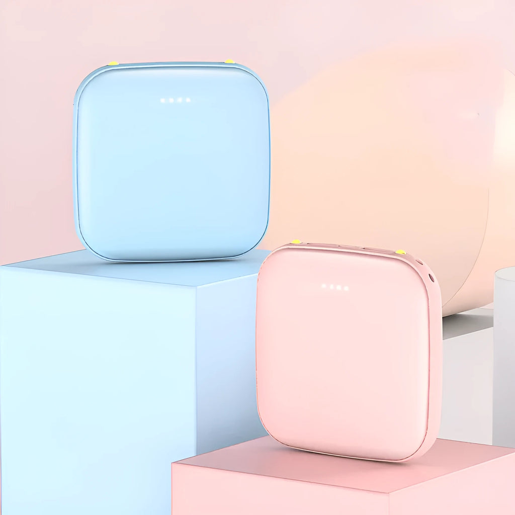 Portable 10000mAh power bank with multi-USB ports in black, white, blue, and pink colours