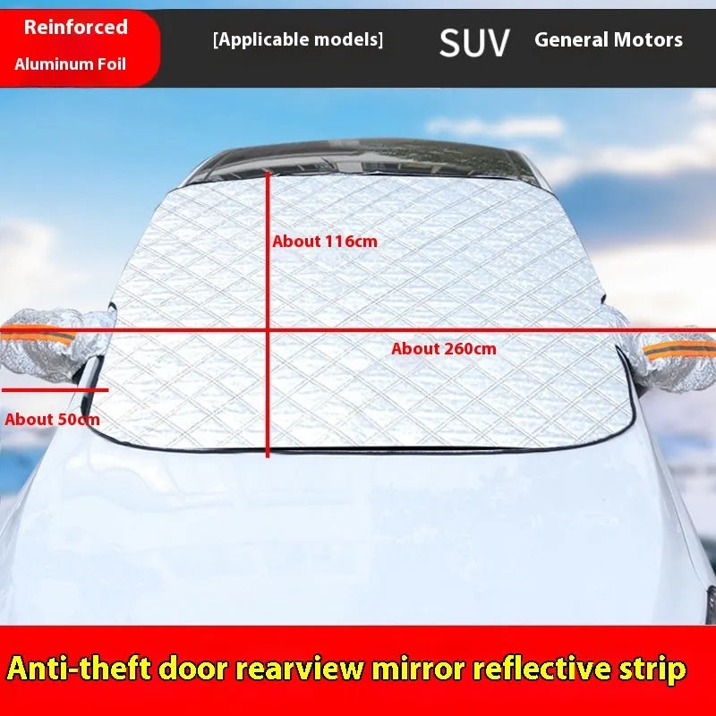 Large aluminium foil winter car cover with magnetic attachment and reflective stripes for SUV windshield frost protection