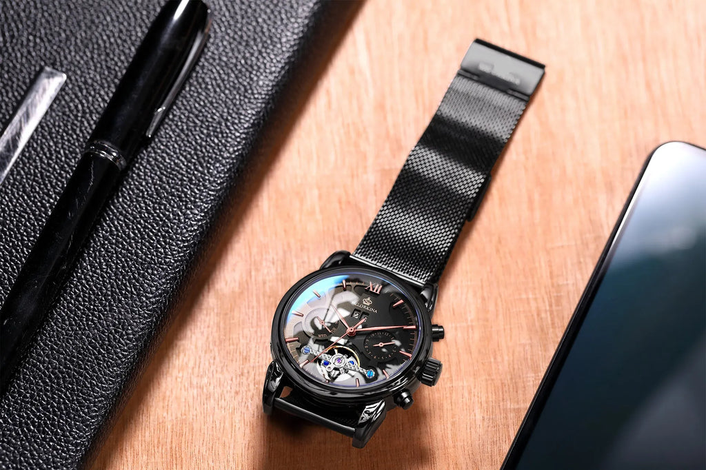 Mechanical tourbillon watch for men with genuine leather strap and mineral glass mirror, black dial, calendar display