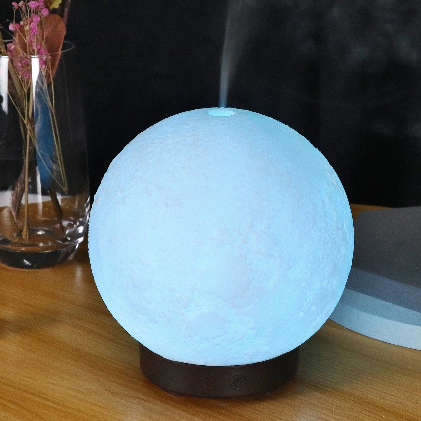Stylish ultrasonic humidifier and aroma diffuser with wood-grain finish and modern design