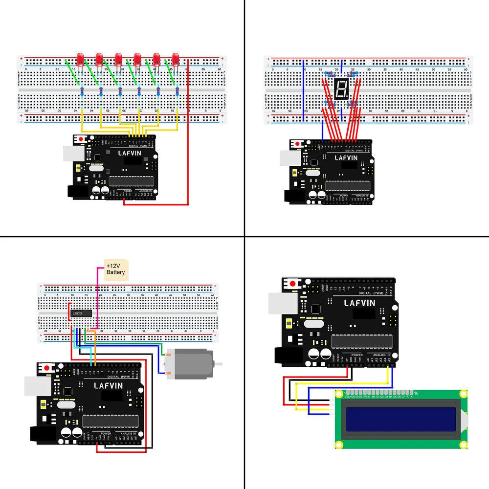 LAFVIN Arduino Super Starter Kit showing blue UNO R3 board, breadboard, sensors, motors, LEDs, and components laid out.