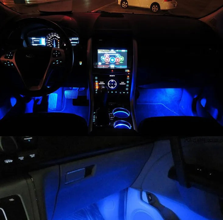 Blue car interior atmosphere footwell lights with 2-metre cable and cigarette lighter plug