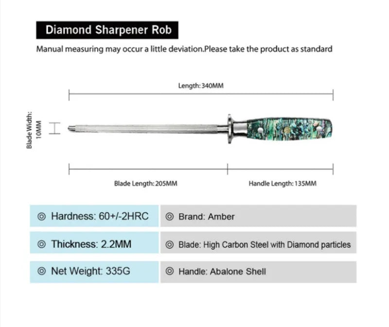 Manual high carbon steel knife sharpener with abalone shell handle.