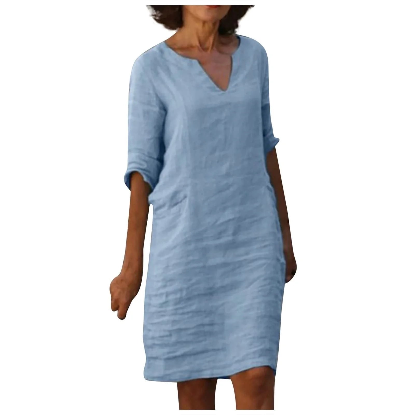 Cotton and linen V-neck dress with retro high waist design in various colours