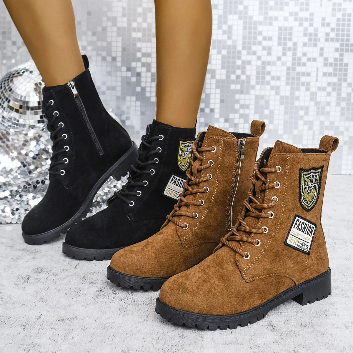 Stylish lace-up chunky heel boots for women in black and brown colors, featuring a round toe design and durable rubber sole for winter wear.