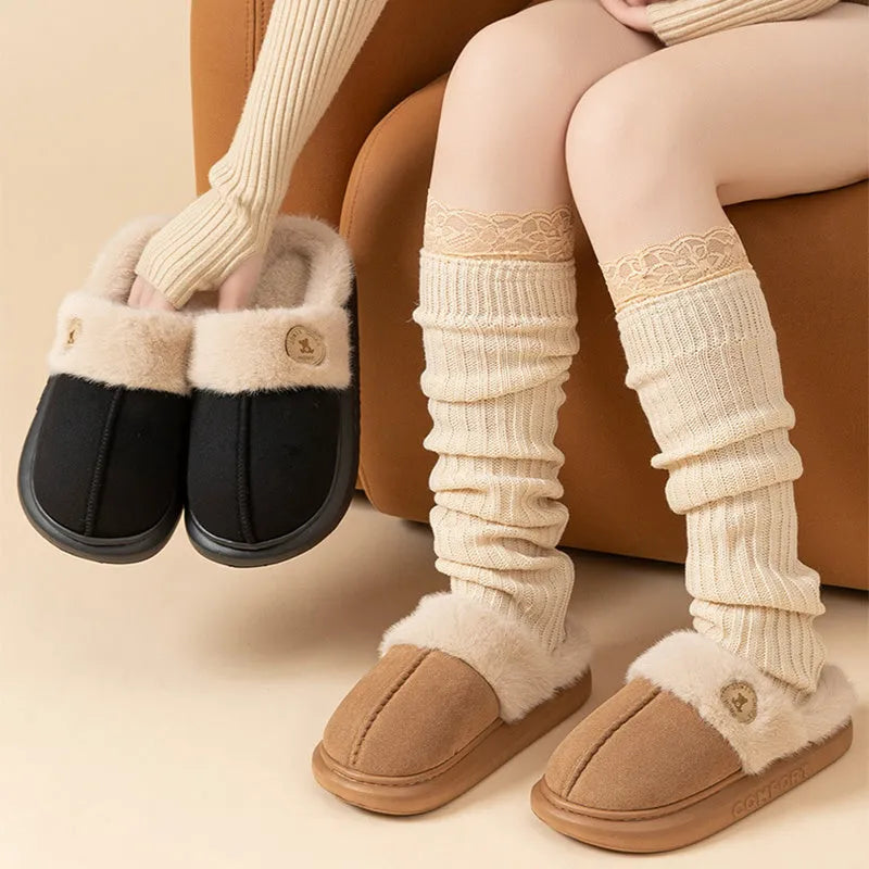 Fleece-lined unisex slipper with thick PVC sole and car stitching pattern
