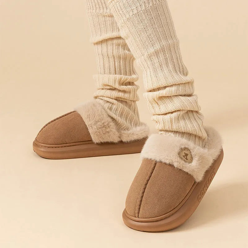 Fleece-lined unisex slipper with thick PVC sole and car stitching pattern