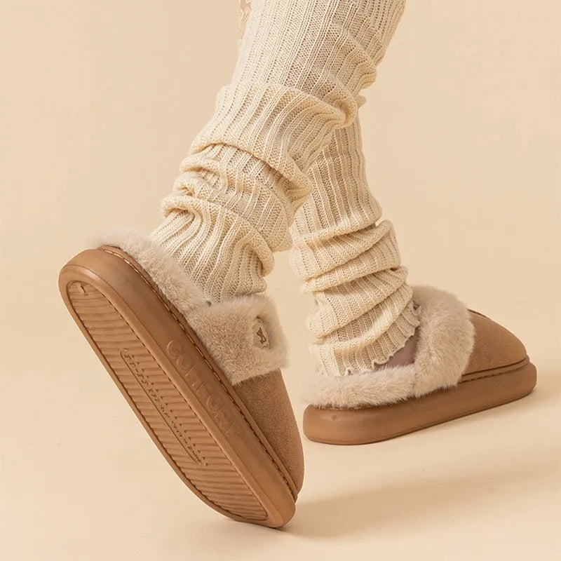 Fleece-lined unisex slipper with thick PVC sole and car stitching pattern
