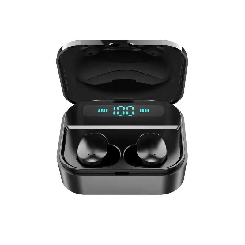 TWS Bluetooth earphones with 3600mAh charging case, 8mm drivers, waterproof, in black on white background
