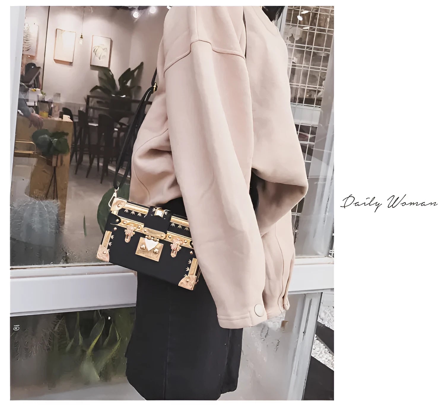 Hard PU women's shoulder bag with flap closure and cross body strap in black or green
