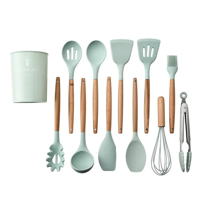 Silicone kitchenware set with wooden handle, heat resistant up to 230°C