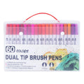 Set of artist watercolour pens with brush tips arranged by colour, showcasing vivid inks.