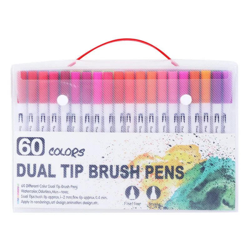 Set of artist watercolour pens with brush tips arranged by colour, showcasing vivid inks.