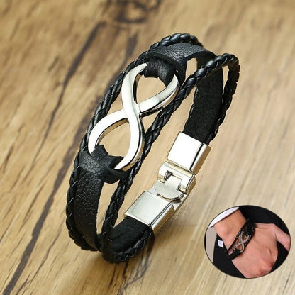 Alloy lucky figure 8 leather bracelet with adjustable leather strap and stainless steel accents