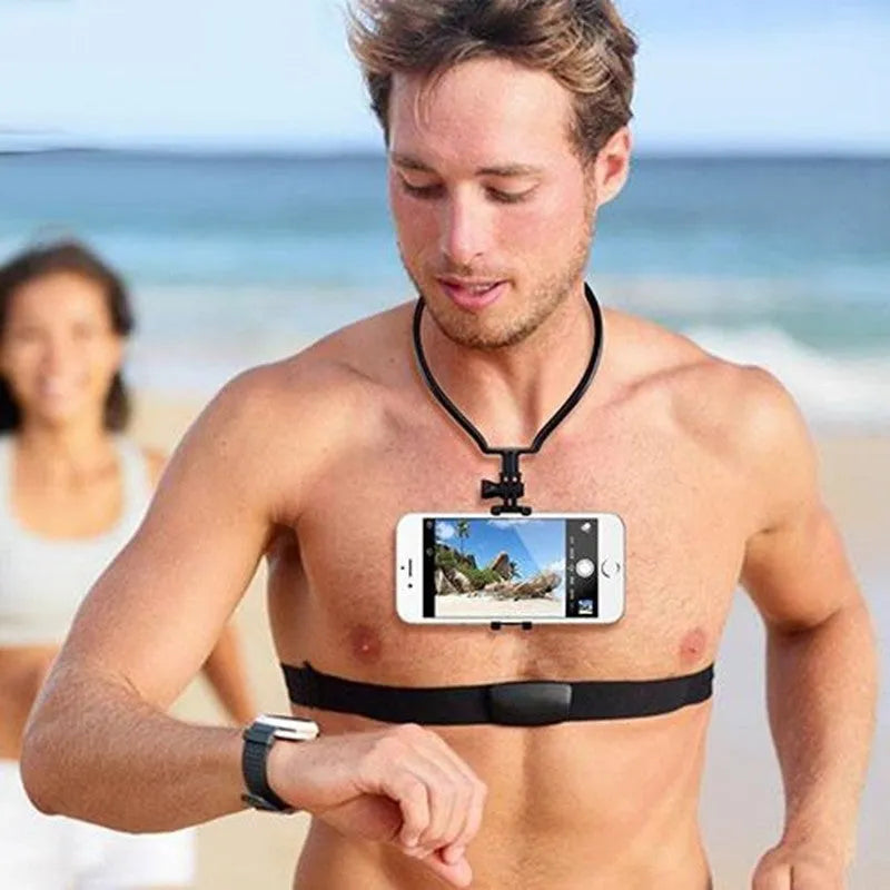 Black wearable neck phone holder showing adjustable angle and flexible ring for comfort.