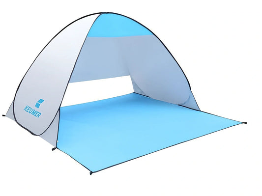 Blue automatic pop-up beach tent with silver-coated UV fabric and stakes for two-person shade
