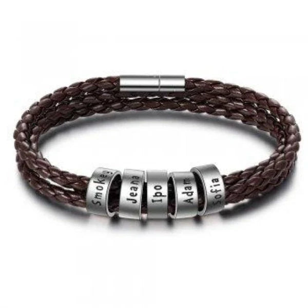 Personalized braided leather bracelet with engraved charm for men, available in black, brown, and navy colors