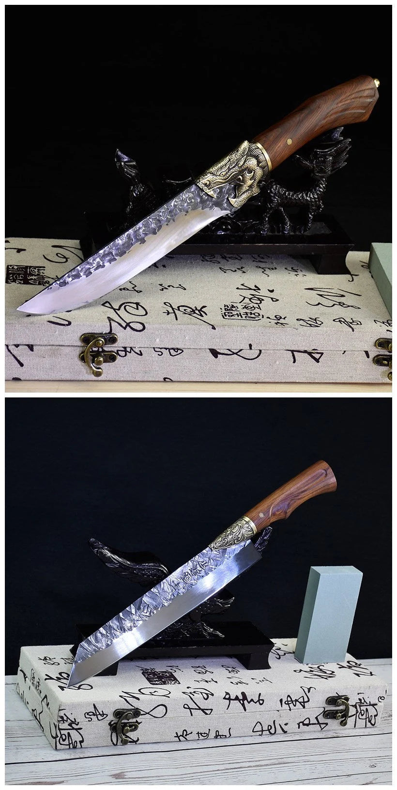 Hand-forged slicing knife with rosewood handle and leather case